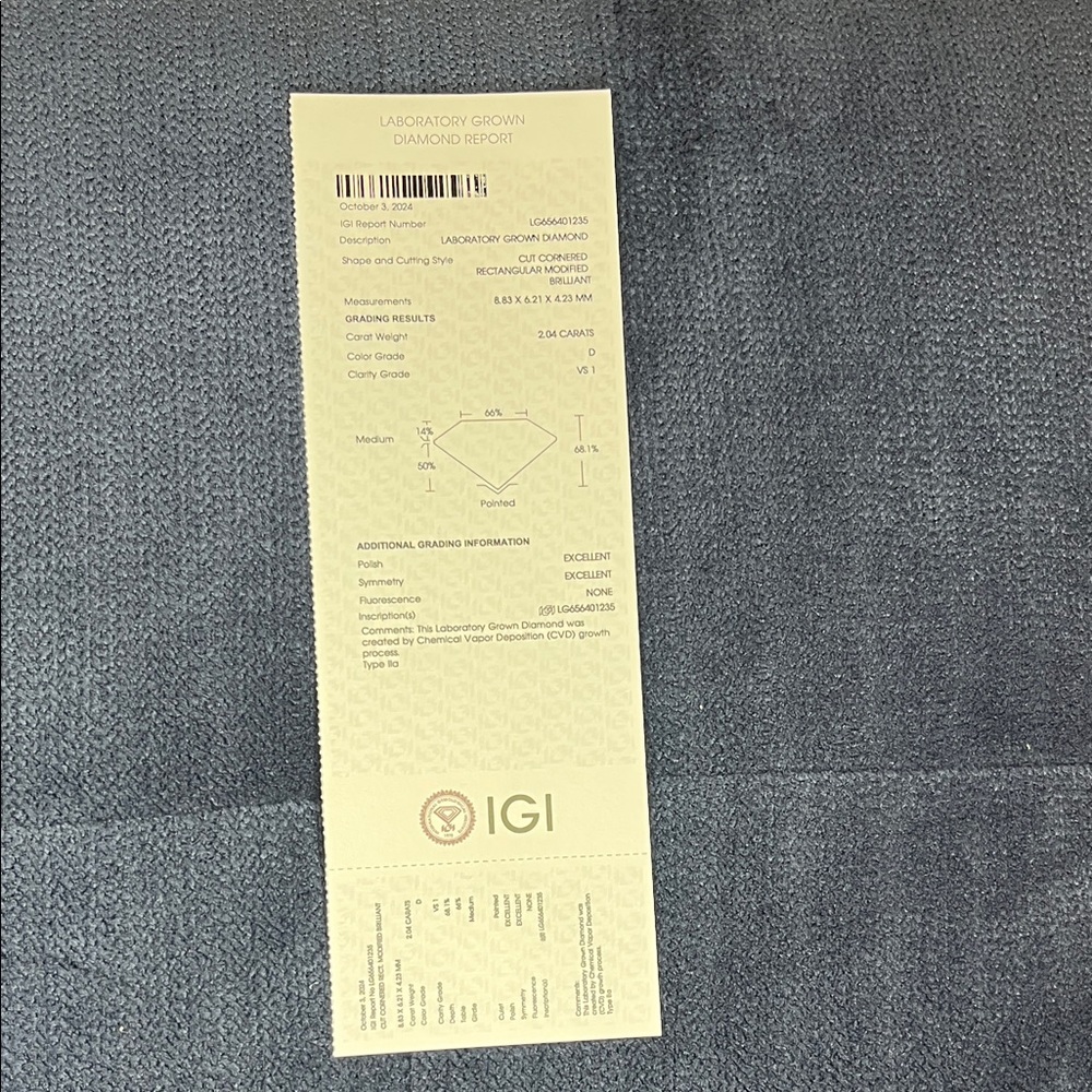 IGI Certified 2.04 Carat Radiant Cut VSI Color D Lab Grown Lose Diamond - Picture 12 of 13